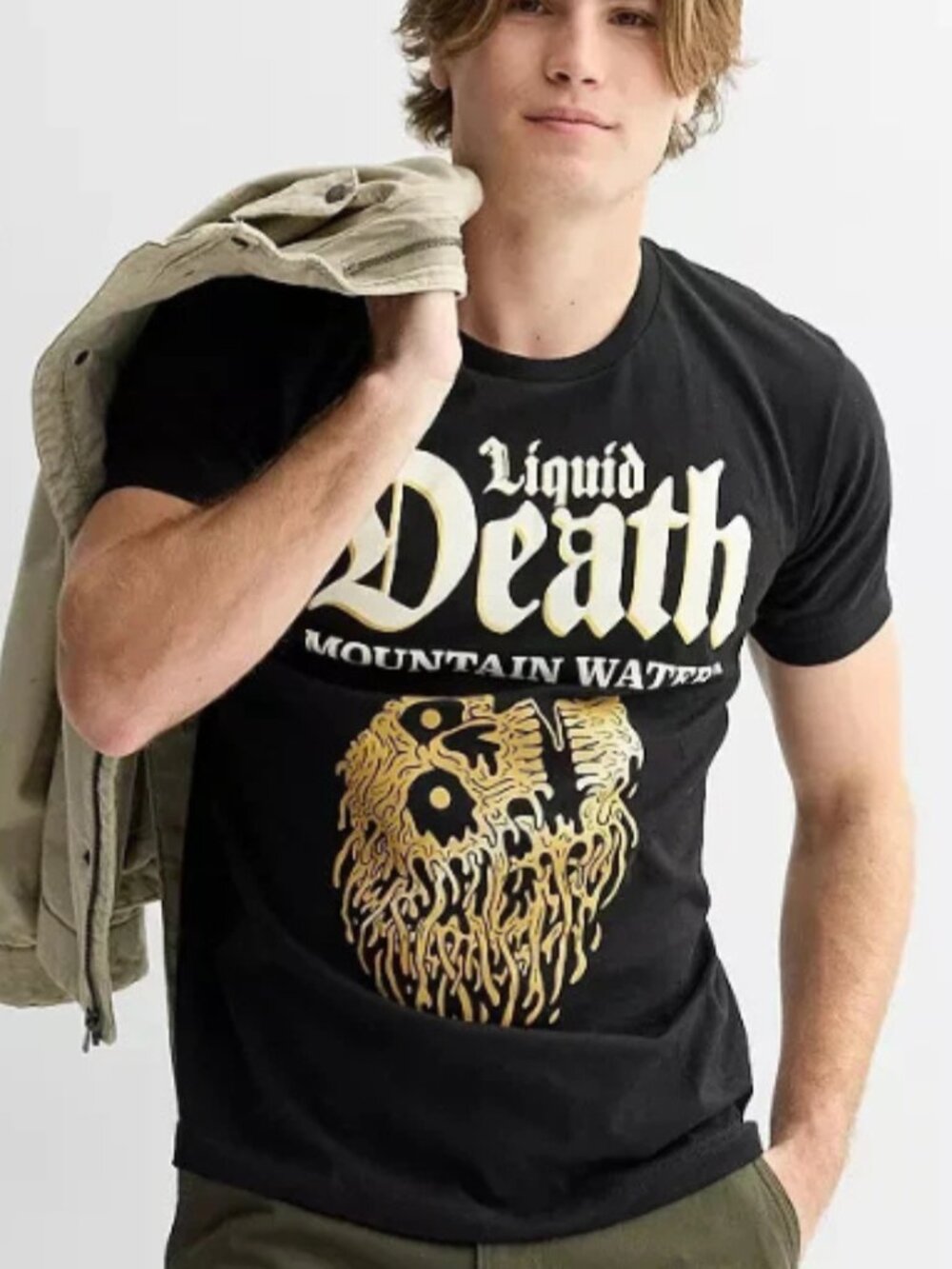 Liquid Death Mens Gold Skull Mountain Water Black Shirt New S-2XL